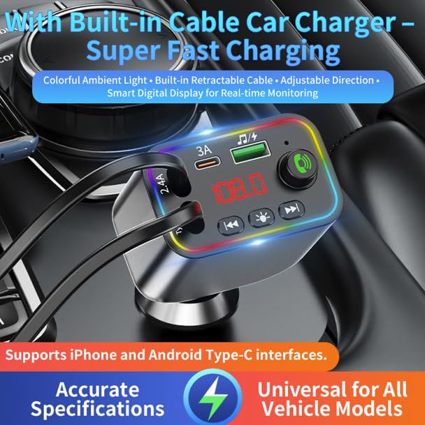 CAR-L4 FM Transmitter Auto Bluetooth 5.3, 120W Schnellladegerät mit USB/3.1A, Typ-C & Lightning Kabel, Schwenkbarer Kopf, 7-Farben LED, MP3 Player, Freisprechanlage, U-Disk Unterstützung
