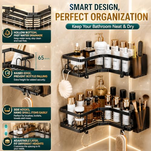 Image of 7Pcs Self Adhesive Bathroom Accessories Set, Bathroom Shelf Organizer Corner Shelf Toothbrush Holder Soap Holder & Storage Rack, No Drill Installation, Rustproof Bathroom Stand without drill