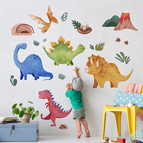 Image of Yovkky Baby Dinosaur Wall Decals Stickers, Dino Volcano Cave Neutral Nursery Toddler Playroom Decor, Kids Room Home Decorations Girls Boys Bedroom Classroom Daycare Art