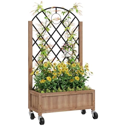 Outsunny Raised Garden Bed with Metal Trellis, Wooden Elevated Planter Box with Wheels and Drainage Holes, Outdoor Raised Planter for Climbing Plants, Fruits, Vegetables, Flowers, Brown