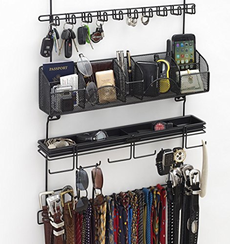Longstem Organizers Over The Door/Wall Hanging Men's Tie and Belt Rack Organizer Valet Patented in Black 43 Hooks for Men’s Organization