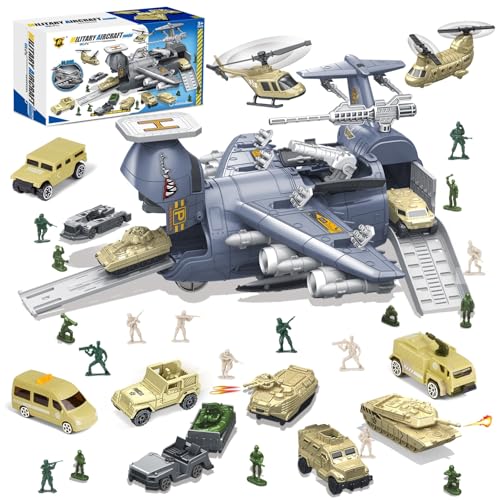 Militärfahrzeug Kampfspielzeug mit Soldaten Hubschrauber,Militärtransport Frachtflugzeug Autos Spielzeug,Flugzeug Modell Spielzeug mit Armee Männer Figuren,Mini Kampffahrzeug für Kinder Alter 3+