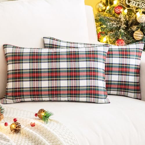 Image of AQOTHES Christmas Plaid Decorative Throw Pillow Covers Red White 12x20