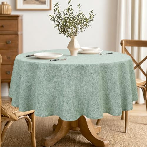 Hiasan Round Linen Tablecloth 50 Inch for Kitchen Dining Room, Linen Green