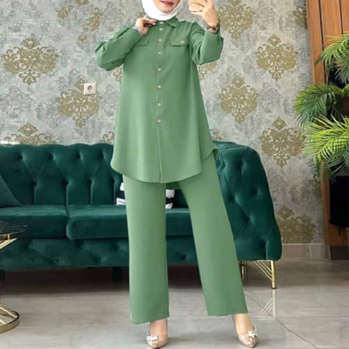 Image of ODIZLI Muslim Long Sleeve Blouse Wide Leg Pants Suits Autumn Solid Abaya Women Matching Sets 2PCS Tracksuits Turkey Kaftan