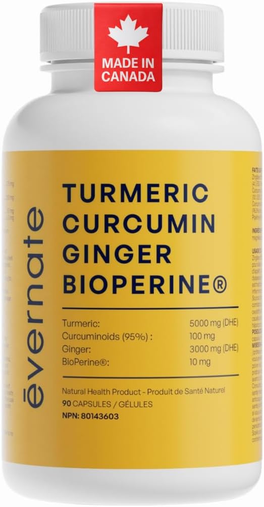 Turmeric 5000 mg + Curcumin (95% Curcuminoids) with Ginger 3000 mg & Black Pepper (BioPerine®) (Per Serving: 2 Capsules) – High Absorption 4-in-1 Supplement for Joint, Digestive, Liver & Healthy Inflammatory Response Support – Made in Canada