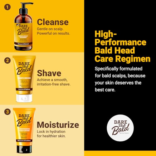 Image of Dare 2B Bald Complete Head Care Trio | Cleanse, Shave, Moisturize | Tea Tree Oil Bald Head Regimen for Men | Scalp Cleanser 8 oz, Shave Cream 5 oz, Moisturizer Lotion 4.75 oz