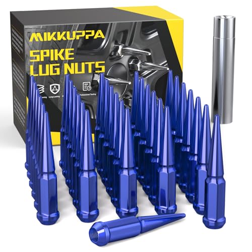 Image of MIKKUPPA M14x1.5 Wheel Spike Lug Nuts, 32 PCS Blue Spiked Lug Nuts 14mmx1.5 Solid 4.4 inch Tall Acorn Lug Nut with 1 Socket Key Replacement for Chevy Silverado 1500 2500 3500, F150 F250 F350