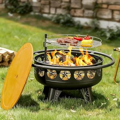 Verdeluxe 32 Inch Fire Pit with Swivel Cooking Grate,3-in-1 Wood Burning Firepit with Grill,Outdoor Fire Pits Table with Metal Lid and Poker for Outside Patio Backyard BBQ Bonfire Camping (32 Inch)