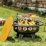 Verdeluxe 32 Inch Fire Pit with Swivel Cooking Grate,3-in-1 Wood Burning Firepit with Grill,Outdoor Fire Pits Table with Metal Lid and Poker for Outside Patio Backyard BBQ Bonfire Camping (32 Inch)