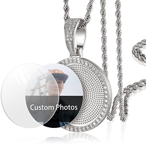 YIMERAIRE Photo Necklace for Men Custom Picture Around Pendant Necklace Rope Chain Personalized AAA Cubic Zirconia Hamsa Hand Necklace Bling Hip Hop Jewelry for Men 24IN Rope Chain