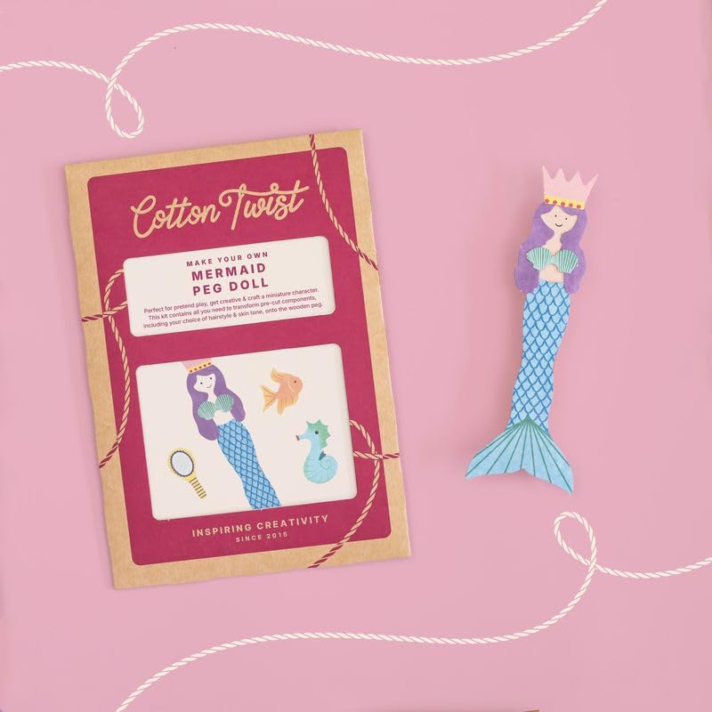 COTTON TWIST Wooden Mermaid Peg Doll Craft Kit Activity Box, Single Unit