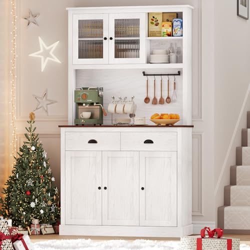 GarveeHome Kitchen Pantry Storage Cabinet, 71" Tall Wood Pantry with Microwave Stand, Modern Kitchen Hutch Cabinet, Coffee Bar Hutch with Wine Rack for Dining Room, Living Room, White
