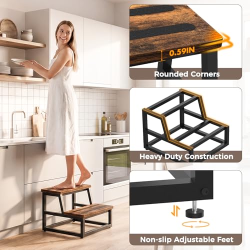 Image of Step Stool, NomNest 2 Step Wooden Ladder Metal Foot Stool Wide Kitchen Stool Helper for Toddler Adults Seniors, Ladder Chair for Home Bedside Bathroom Sink Potty