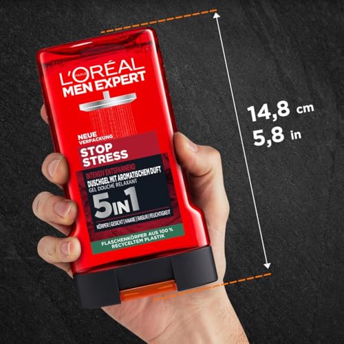 L’Oréal Men Expert Duschgel und Shampoo für Männer, Duschbad zur Reinigung von Körper, Haar und Gesicht, Herren Körperpflege für langanhaltende Frische mit aromatischem Duft, Stop Stress, 1 x 250 ml