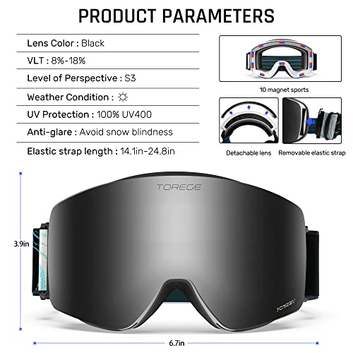 TOREGE Ski Goggles, Snow Sports Goggles with Anti-fog Spherical Lens, Snowboard Goggles for Men Women Adult Youth (Matte White Frame & Black Lens TG01C4) - Thumbnail 5
