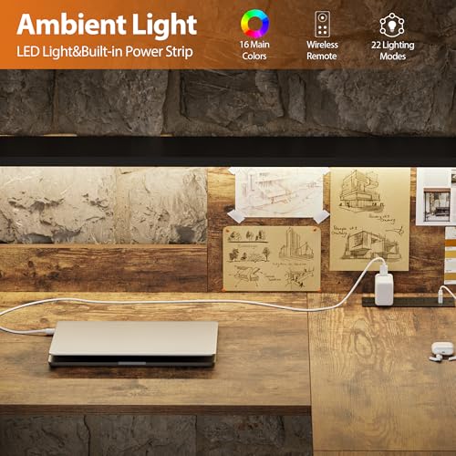 Image of Agilestic L-Shaped Electric Standing Desk, 63x55 Inch Ergonomic Adjustable Height Desk with Storage, Stand Up Corner Desk Sit Stand Computer Table Power Outlet & LED Lights, Office Table, Rustic Brown