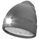 ATNKE LED Mütze mit Licht,Wiederaufladbare USB 4 LED Beleuchtete Laufmütze Extrem Heller Lampe Winter Warme Gefüttertes Fleece Stricken Mütze für Herren und Damen Geschenke/Grey