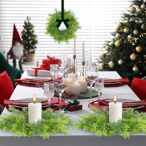 Image of 4 PCS Christmas Candle Rings Wreath Artificial Green Norfolk Cedar Mini Candle Ring Holder Small Wreaths for Xmas Cabinets Kitchen Windows Home Wedding Table Centerpiece Door Window Chair Wall