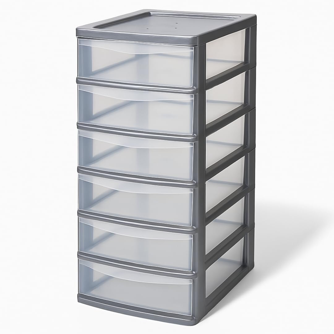 A4 PLASTIC STORAGE DRAWERS DRAW TOWER UNIT OFFICE DESKTOP TABLETOP HOME SCHOOL GARAGE MODULAR & PORTABLE DRAWERS OFFICE DESK ORGANIZER SLIM A4 SIZE 2|3|4|6|8 TIERS (Sliver/Clear, A4 Slim 6 Drawers)