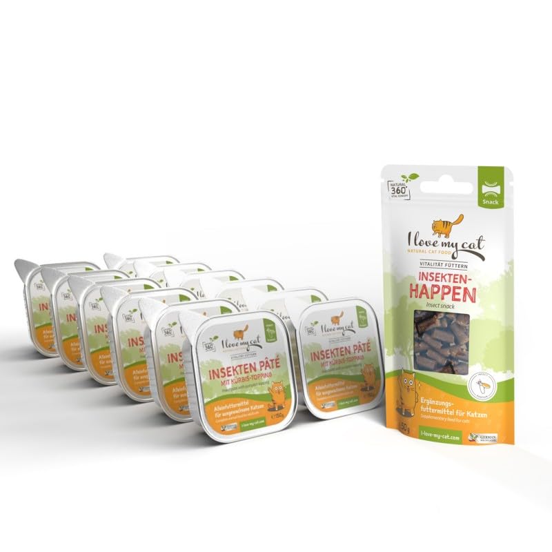 I Love My cat Set – Insekten-Paté mit Kürbis-Topping (12 x 150 g) + Insekten-Snack (50 g) | Hypoallergenes Nassfutter & Snacks für ernährungssensible Katzen | Getreidefrei & natürlich