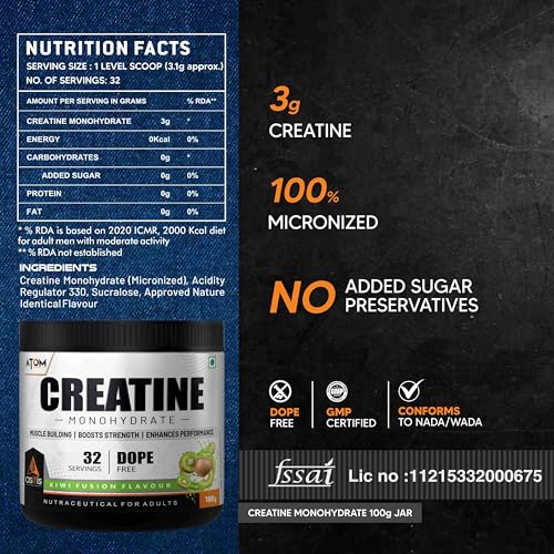 Image of Asitis Nutrition ATOM Creatine Monohydrate (100 grams Powder, 32 Servings, Kiwi Fusion Flavour) | Dope Free | Enhances Performance | Promotes Muscle Gains