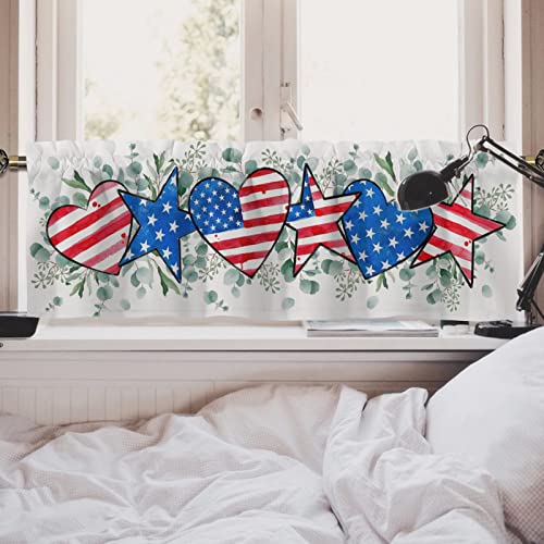 Hawskgfub America Star Stripe Heart Eucalyptus Leaf Kitchen Curtains Valance 54X18, Patriotic Independence Day Short Window Topper Rod Pocket, Red Blue Usa Home Living Room Bedroom Bathroom Decor #TOP4