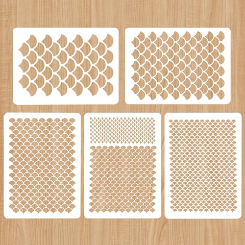 EXIN DEHCEN Juego de 5 Stencil Plantillas de Escamas de Pescado, 15 x 20cm Plantillas de Pintura Sirena Reutilizables,...