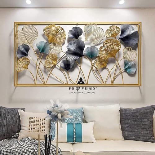 Image of F-RIQA METAL A PALACE OF WALL UNIQUE Luxury Metal Leaf Wall Art for Living Room - 3D Designer Floral Wall Decor with Gold, Teal & Grey Finish, Handcrafted Modern Rectangular Wall Hanging for Home, Bedroom, Hallway, Office & Hotel Interiors, Elegant Contemporary Statement Wall Decoration