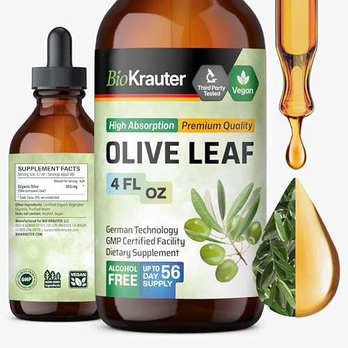 BIO KRAUTER Olive Leaf Extract for Immune Support - Pure Vegan Oleuropein & Hydroxytyrosol Supplement - Used for Daily Wellness & Antioxidant Support - Alcohol & Sugar Free 4 Fl.Oz 56-Day Supply