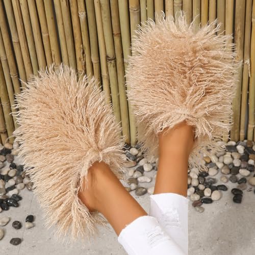 Image of Unisex Fuzzy Faux Fur Slippers, Women's Fluffy Long Hair Sheep Faux Fur Slip on Slides, Girls Luxury Big Fluffy Outdoor Flat Slippers, Long Curly Hair Non-Slip Warm Home Slide Shoes