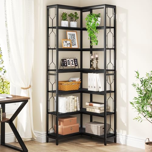 Image of Tribesigns Corner Shelf, 7-Tier Industrial Corner Bookshelf, Wood and Metal Corner Etagere Bookcase, Freestanding Display Shelf for Living Room, Kitchen, Home Office, Light Black