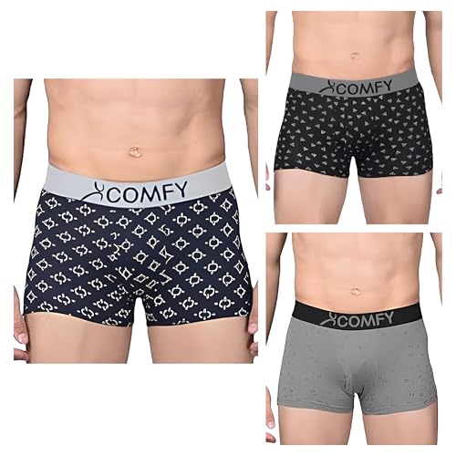 Image of Amul Comfy Printed Spandex Trunk for Men | 95% Cotton 5% Spandex | Super Combed Cotton Stretch Fabric | Outer Elastic Comfort Fit | Soft Hand Feel | No Marks Waistband | Color May Vary (Pack of 3)