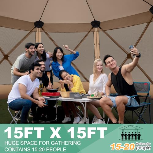 Image of COBIZI 15x15 FT Pop Up Gazebo - Canopy Tent, Large Gazebos On Clearance with Sidewalls, Screened in Gazebo,carpas para Patio,Portable Screen Tents for 12-15 Persons Outdoor Camping, Backyard, Khaki