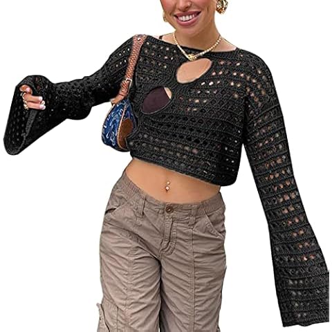 ZZLBUF Women's Hollow Out Crochet Knit Sweater Crop Tops Long Sleeve Sweater Cropped Jumper Cover Up Pullover Tops Y2K Streetwear Cover
