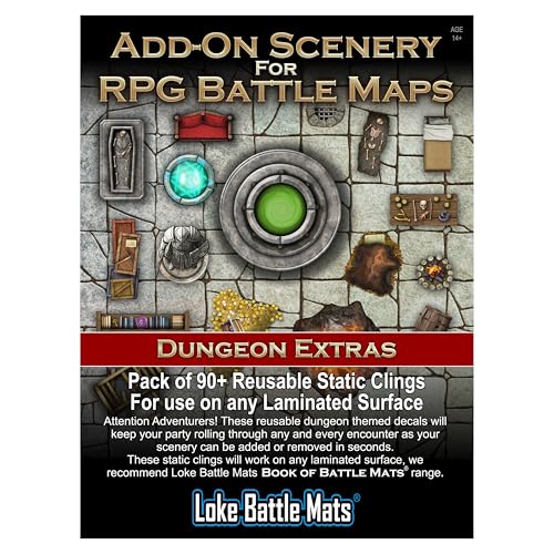 Loke BattleMats Add On Scenery for RPG Maps Dungeon Extras | Ages 14+ | 2-10 Players | Reusable Dungeon Static Clings Pack 90+ – RPG Battle Map Decals for Tabletop Games