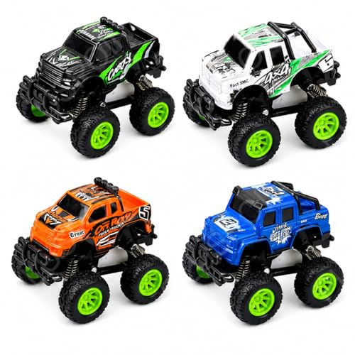 Image of PLUSPOINT 4 Pack Die-Cast Monster Trucks for Kids, Pull Back Toy Cars 1:48 Scale, Metal Body Off-Road Big Tire Trucks with Shock Absorbers, Durable Mini Monster Truck Set for Boys and Girls Ages 3-8