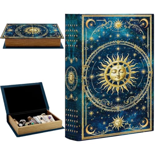 PRESSINART Boîte à Bijoux Vintage en Forme de Livre de 9.1 x 5.9 x 2 Pouce Imitation Livre Motif en Relief du Tarot Sun Organisateurs de Rangement...