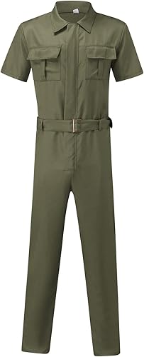 Vista 5 de WENKOMG1 Overol para hombre, con botones, de manga corta, ajustado, para trabajo, de una sola pieza