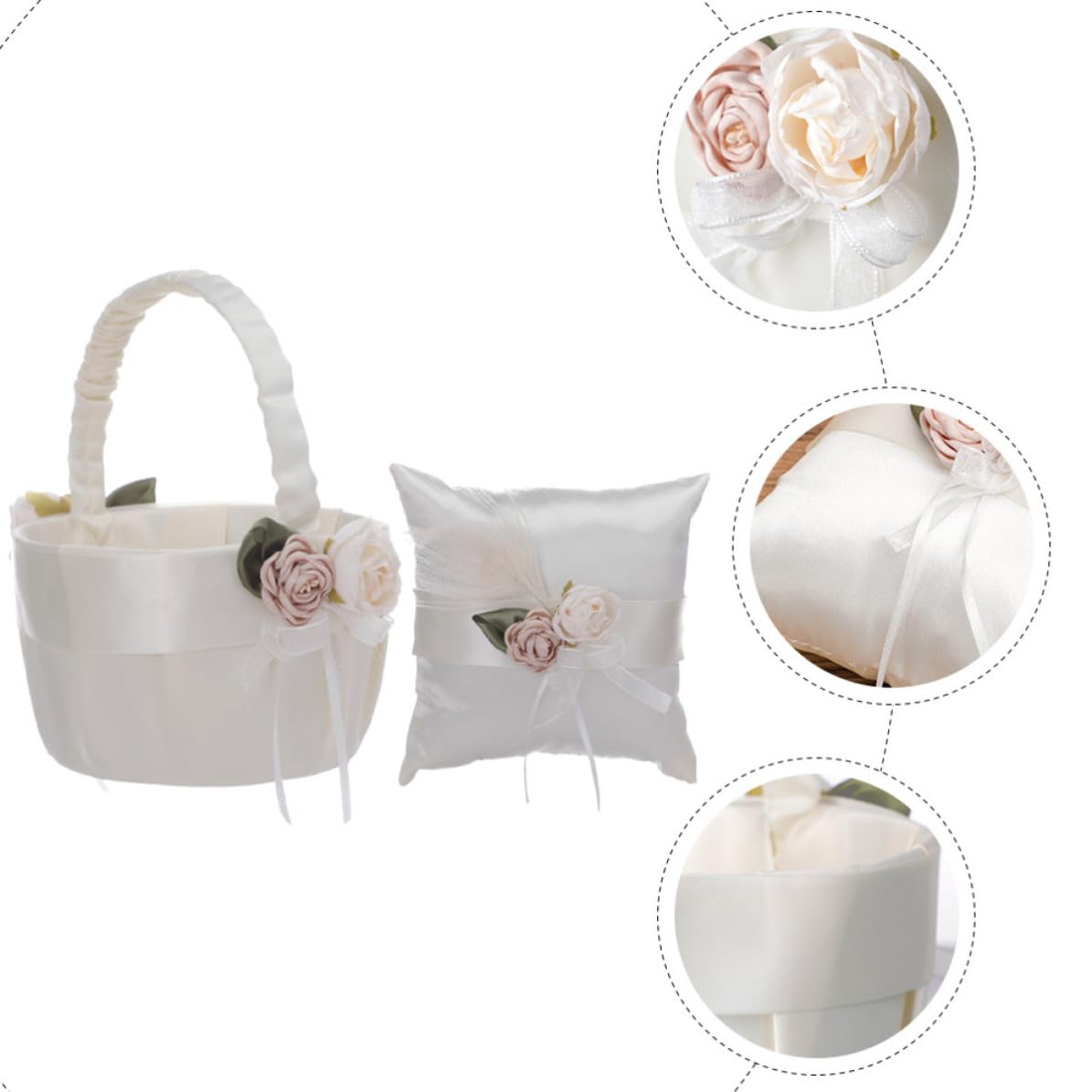 jojofuny Set de Coussin pour Alliances et Panier de Demoiselle D'honneur en Satin Blanc avec Nœud Élégant, pour Cérémonie de Mariage Romantique et Délicate