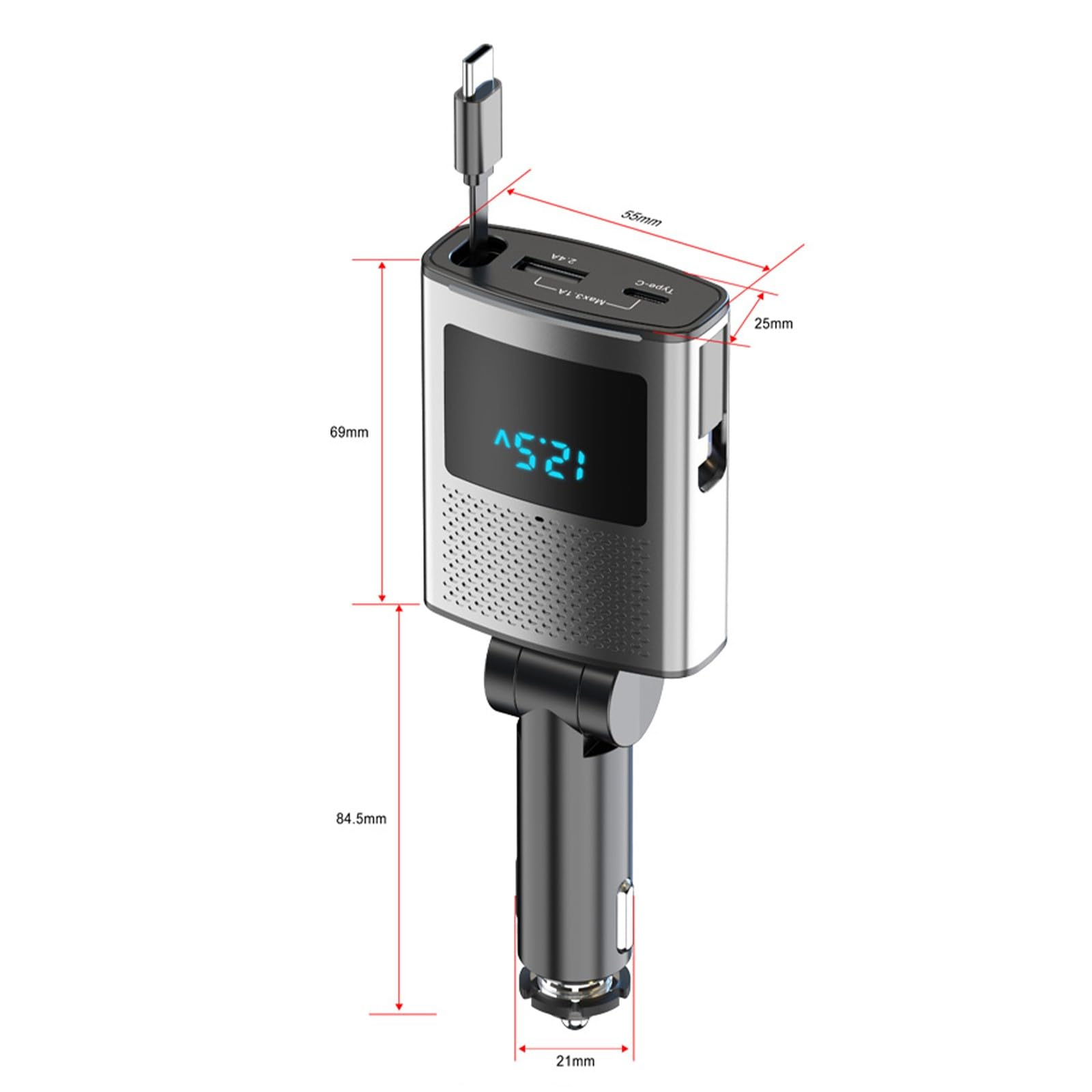 Caricabatterie da auto retrattile da 65 W 3 in 1 USB C Ricarica rapida Protezione di ricarica intelligente ABS per tutti i telefoni e sistemi operativi Telefoni Display elettrico Caricatore