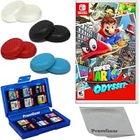 Super Mario Odyssey for Nintendo Switch (US Version), with PremGear Thumb Grips (8 pack - Black, Blue, Red & Clear), 24 Slot Game Card Holder & Cleaning Cloth