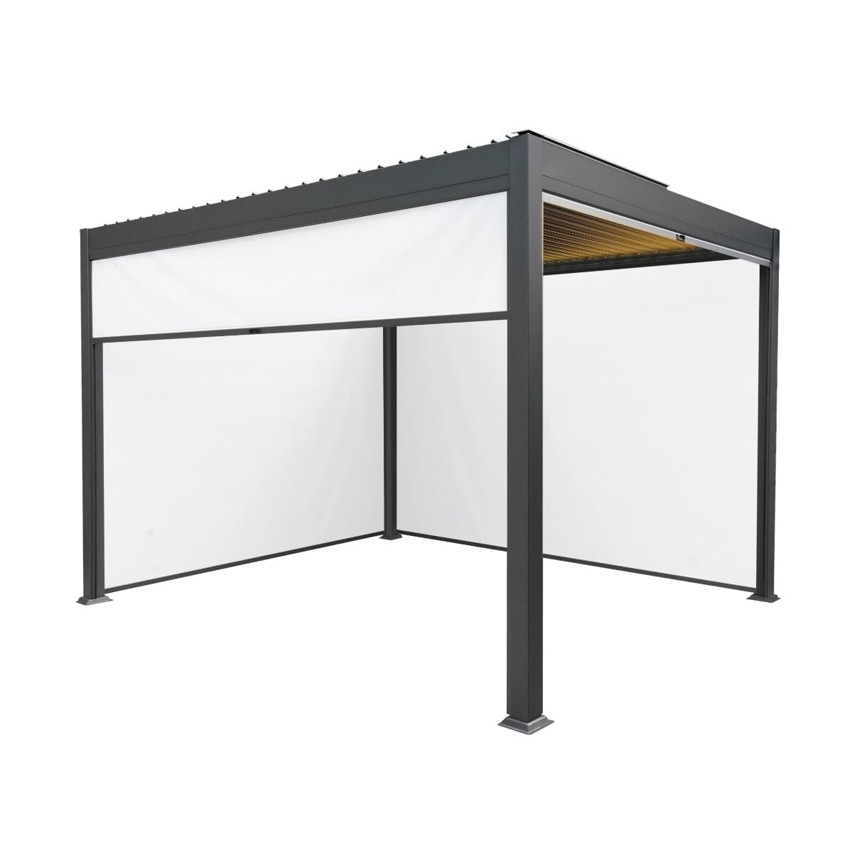 Monster Shop Grey Metal Pergola 3M X 3M Anthracite With 4 Retractable White Mesh Blinds & Led Lights Tilting Canopy Roof Aluminium Outdoor Garden Gazebo Sun Shelter Weather Resistant Tools & Ground Bolts Included
