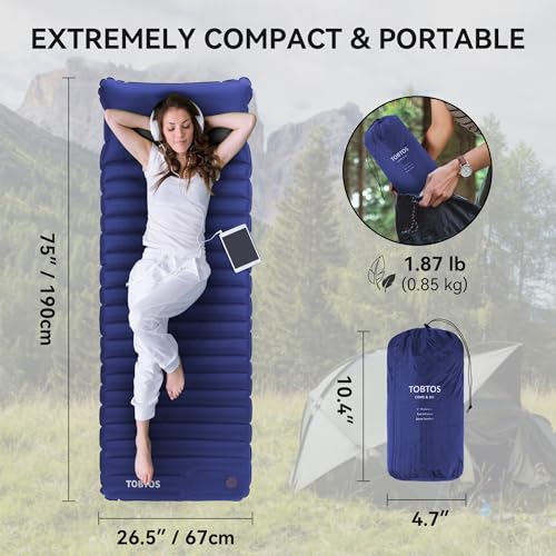 TOBTOS Inflatable Sleeping Pad for Camping with Pillow, 4\" Thick Camping Mat with Built-in Foot Pump, Compact Air Mattress for Camping, Hiking, Backpacking (Blue) - Thumbnail 2