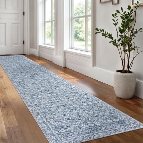 2x12 Blue Washable Runner Rug for Kitchen, Soft Classic Runner with Non-Slip, Non-Shedding Distressed Floral Rug for Hallways Entryway Bedroom Bathroom Laundry Indoor