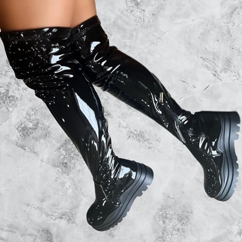 Women's Over The Knee Boots Lug Sole Round Toe Thigh High Chunky Block Heels Flat Boots4