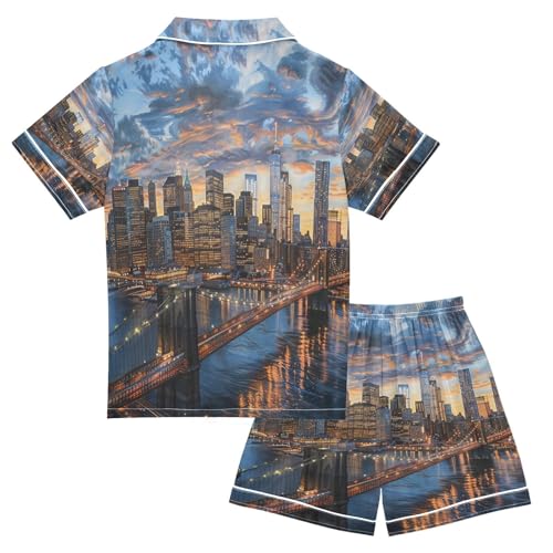 ALAZA Brooklyn Bridge and Manhattan at Sunset Satin Pajamas Set Short Sleeve Button Down Sleepwear Summer Pjs 2 Piece2