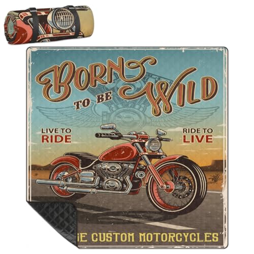 Shimoshe Extra Large Picnic Blankets 79”x 79”, Vintage Motorcycle Waterproof Foldable Picnic Mat with Straps Portable Beach Blanket for Camping Park Grass Beach Indoor