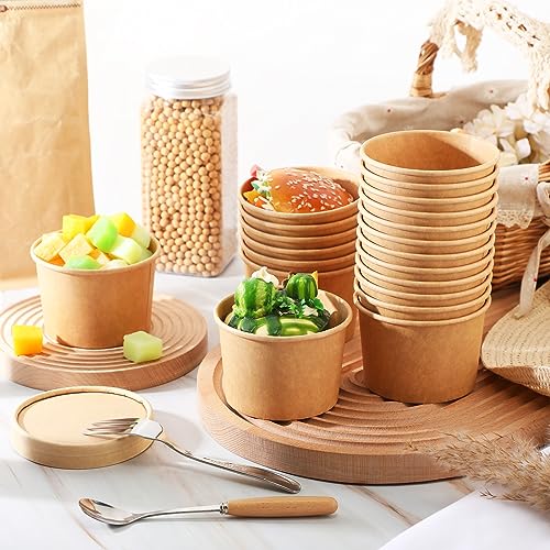 Image of Fulmoon 8 oz 100 Pack Paper Containers with Lids Soup Bowl Cup, Brown | Disposable Ice Cream Cup, Kraft Food Containers with Vented Lid Stackable for Hot Soup Dessert Cake Fruit Microwave Takeout