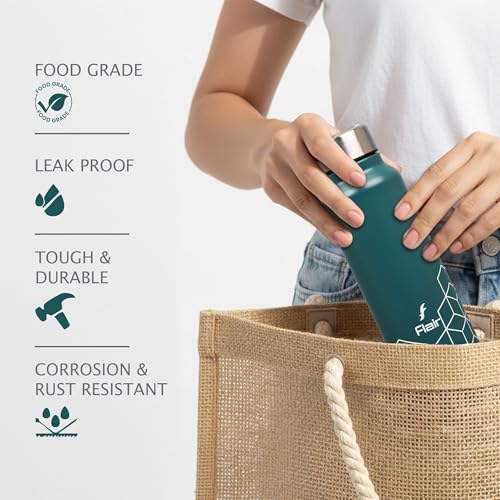 Image of FLAIR Hexa BIS-Certified Stainless Steel Fridge Bottle 970ml | BPA-Free & Food Grade | Leak Proof Water Bottle for Office, Travel, Gym & Home | Durable & Rust Resistant (Green)